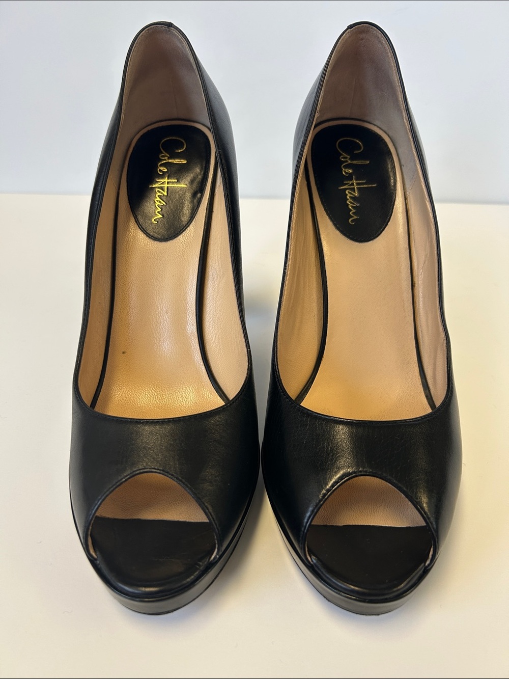 EUC - Cole Haan Tonya Open Toe Pump Black Leather with Black Patent Accents 10B